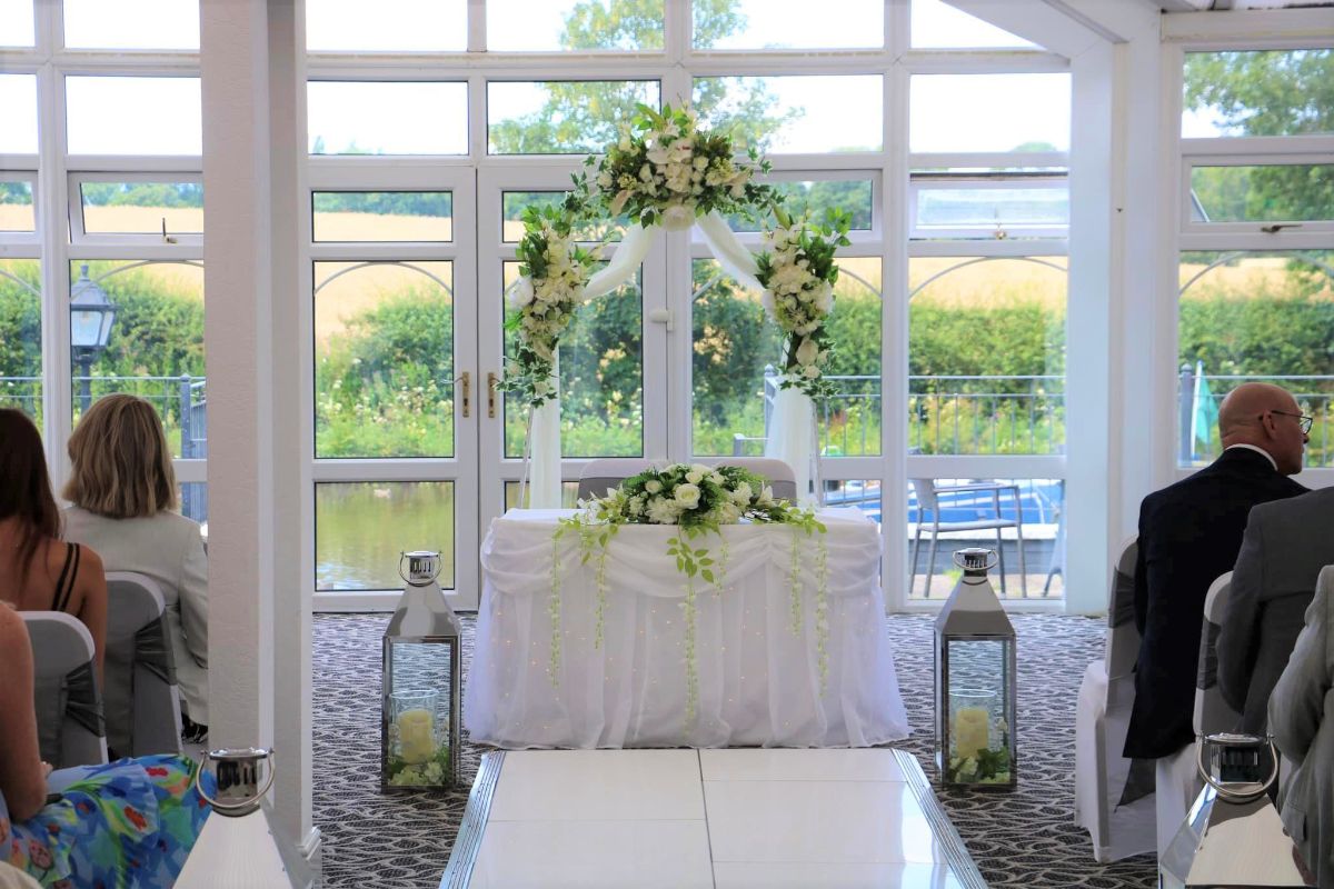 The ceremony room prepared before Molly and Bryan married at Lion Quays Resort in July.