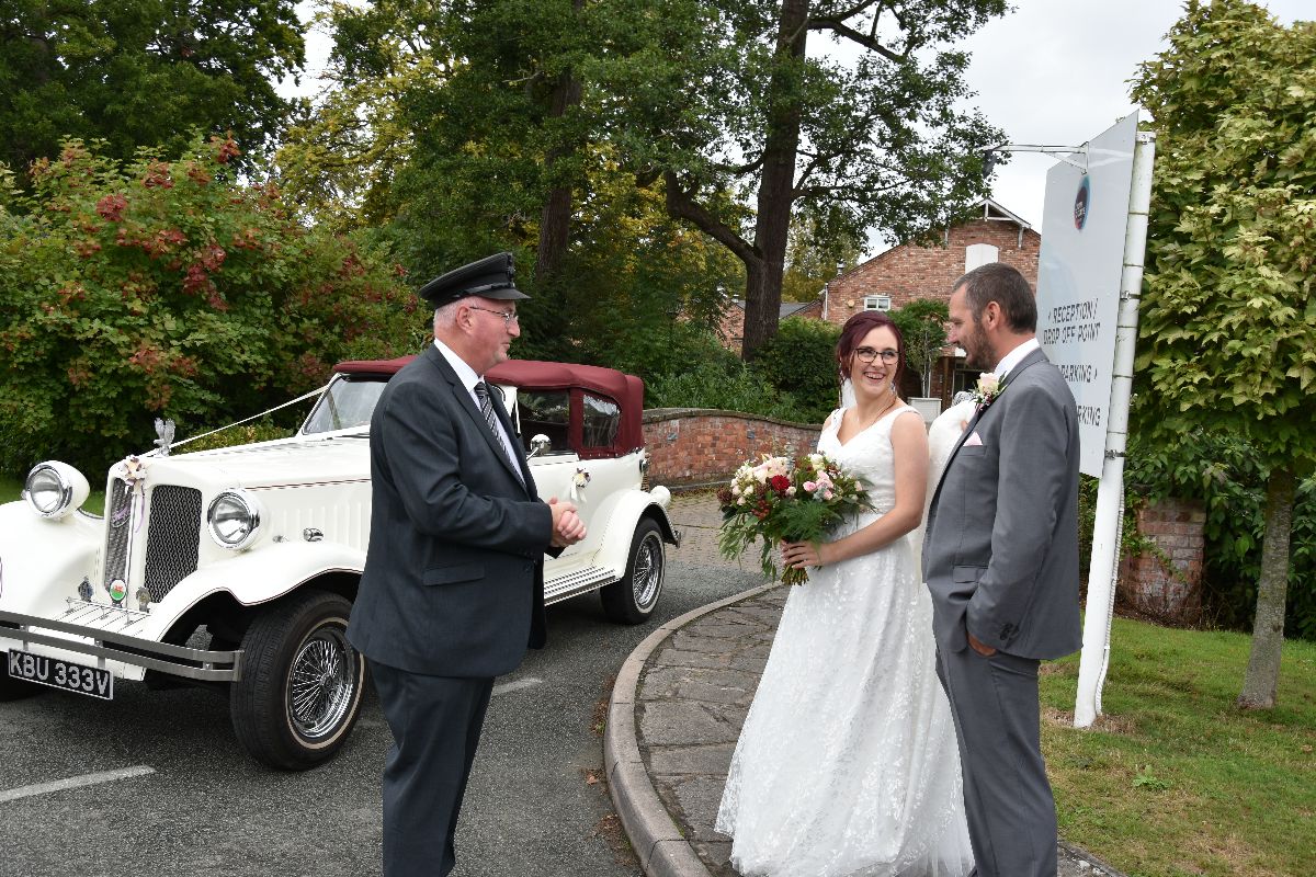 Chloe and Rhys arrive in style to their wedding reception at Lion Quays Resort, Shropshire
