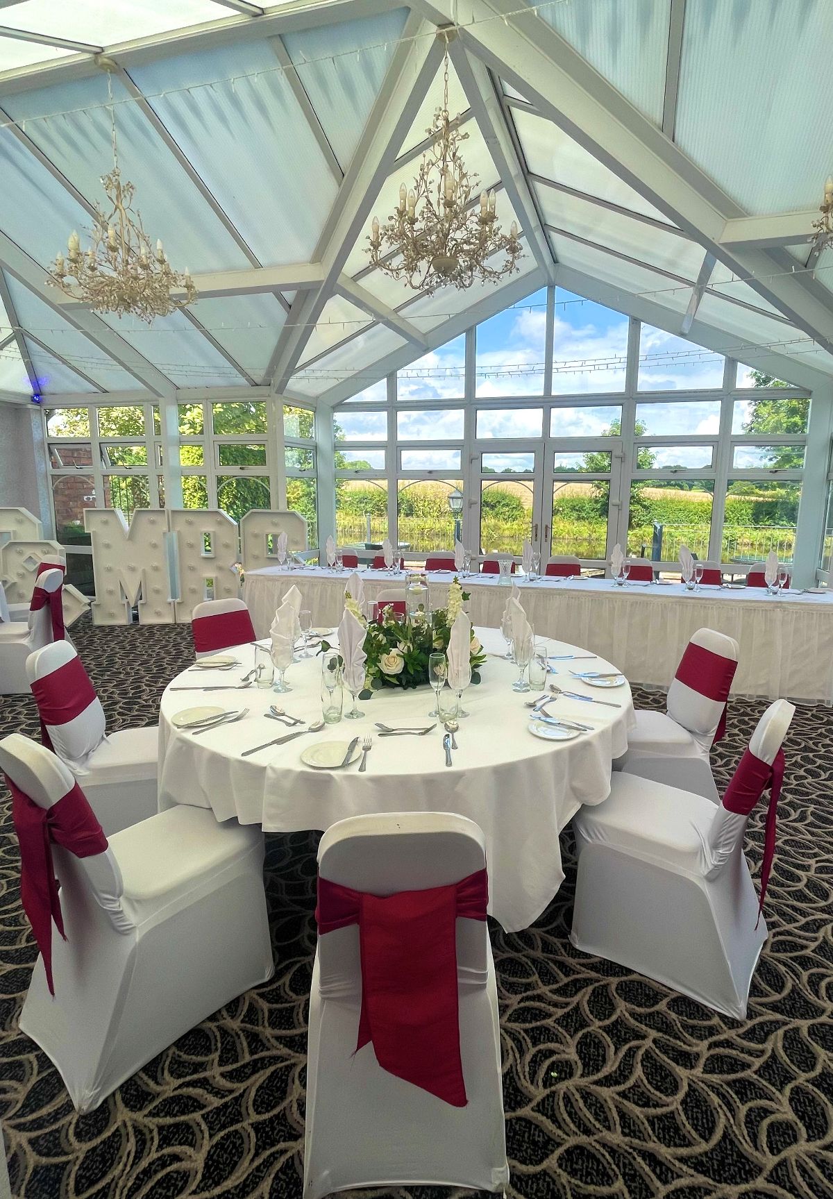 The Conservatory was set in preparation for Chloe and Rhys wedding reception at Lion Quays Resort, Shropshire