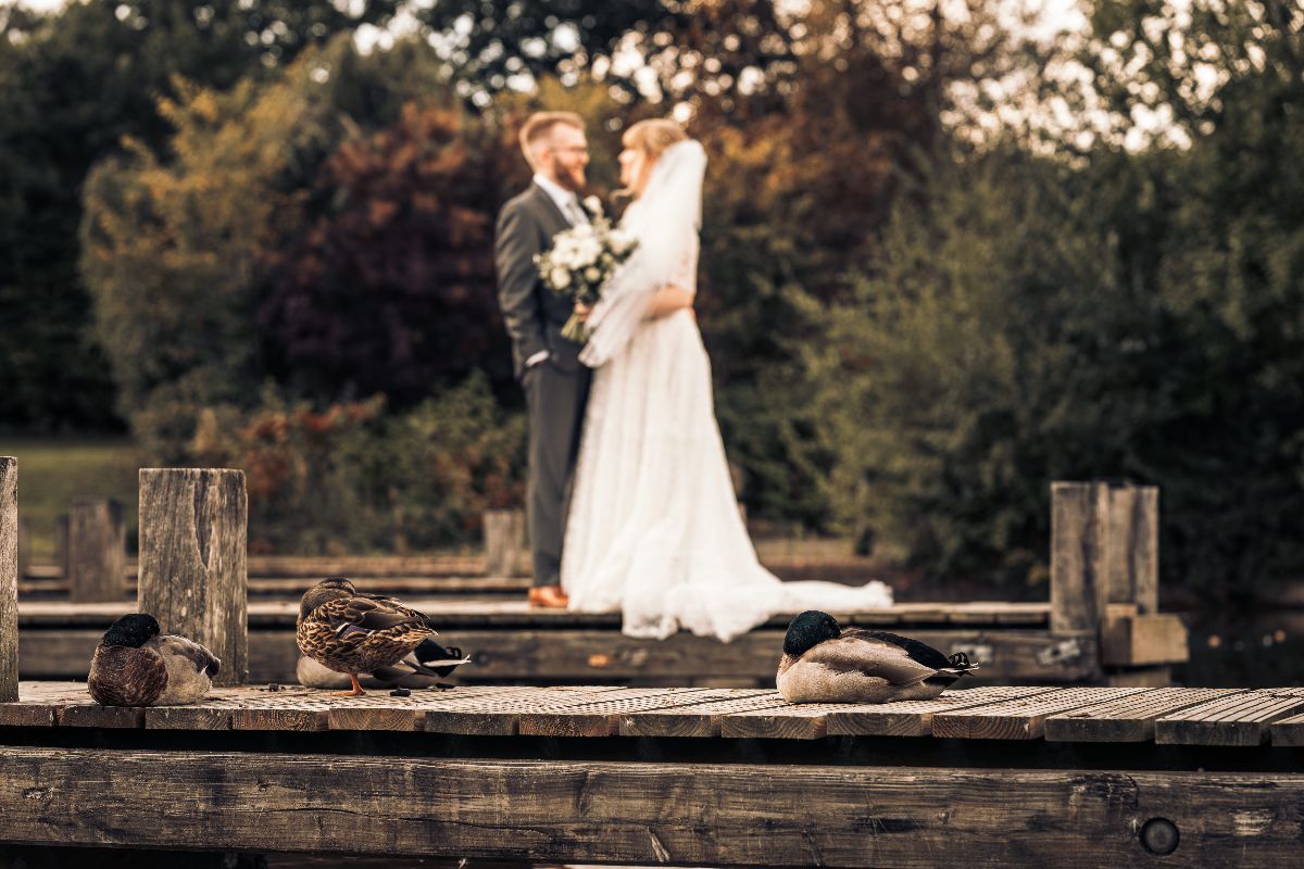 The bride and groom are joined by some feathered friends at Jessica and Rhys wedding which was hosted at Lion Quays Resort in Shropshire.