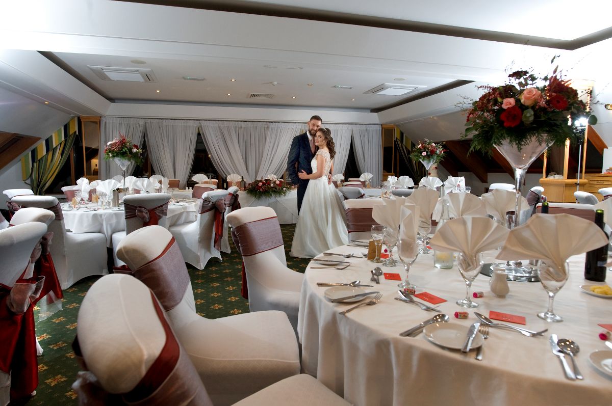 Beautiful couple in the Wealden View Restaurant prior to their wedding breakfast. 