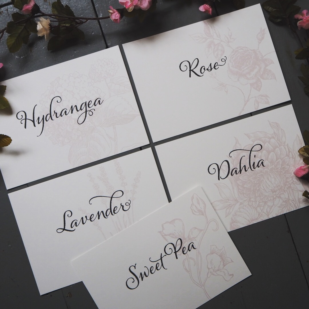 Vintage etching style illustrations for each table name