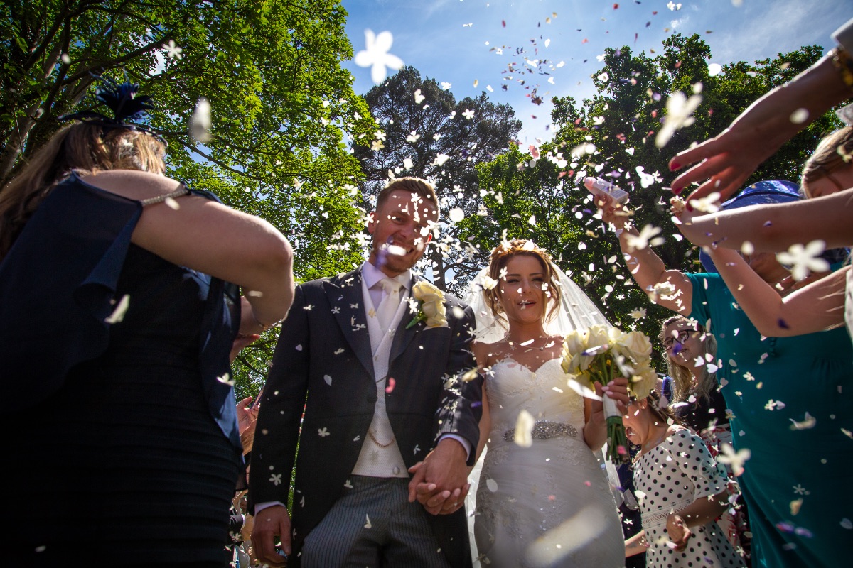 Bride & Groom confetti shot Berystede, Ascot