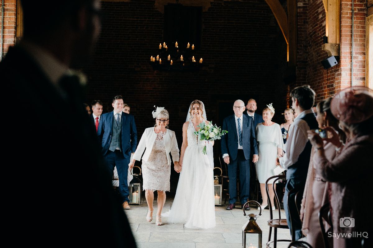 Hazel Gap Barn Wedding Photography - Bride and mother walking down the aisle