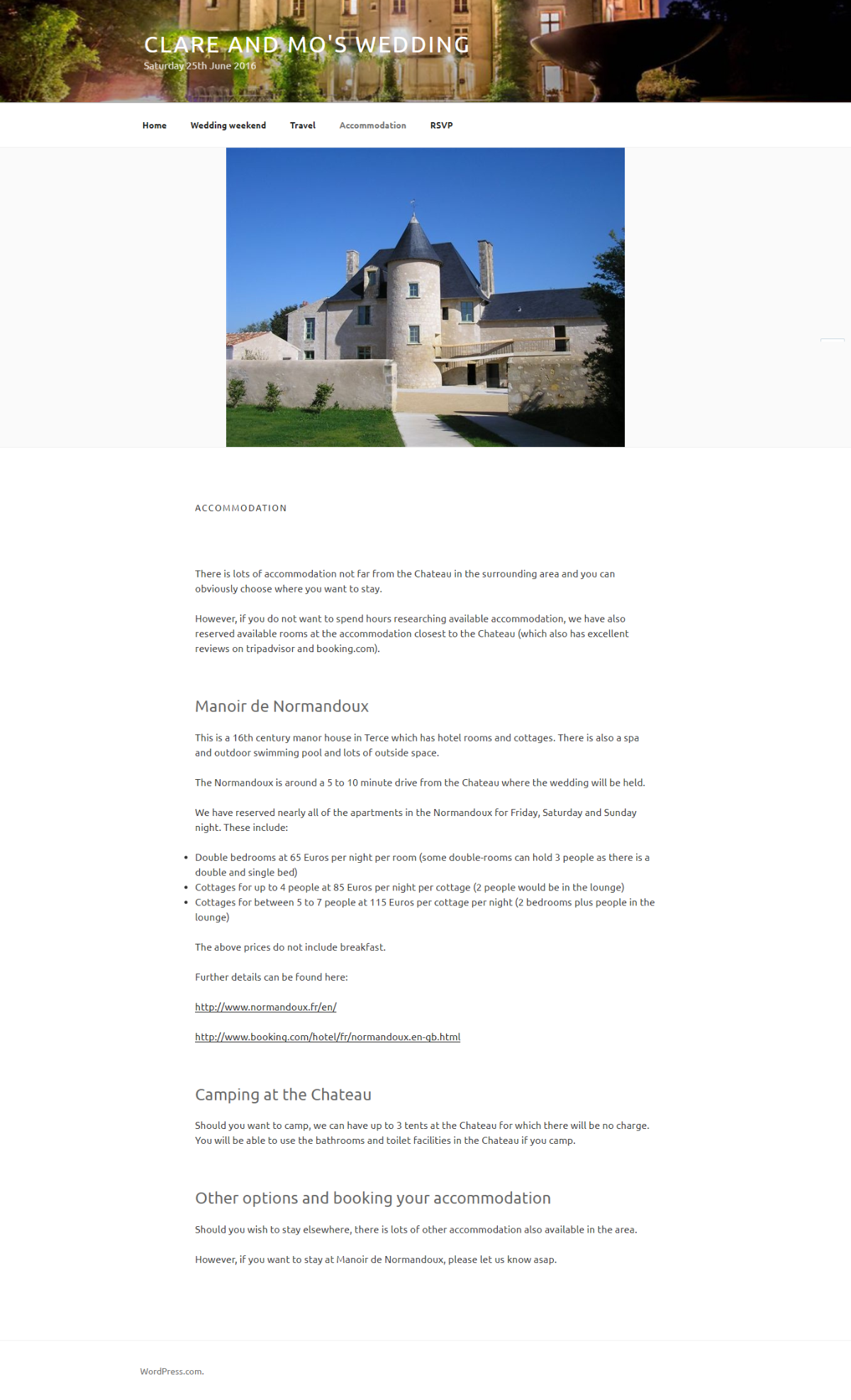 The "Accommodation" page with all the info for guests.