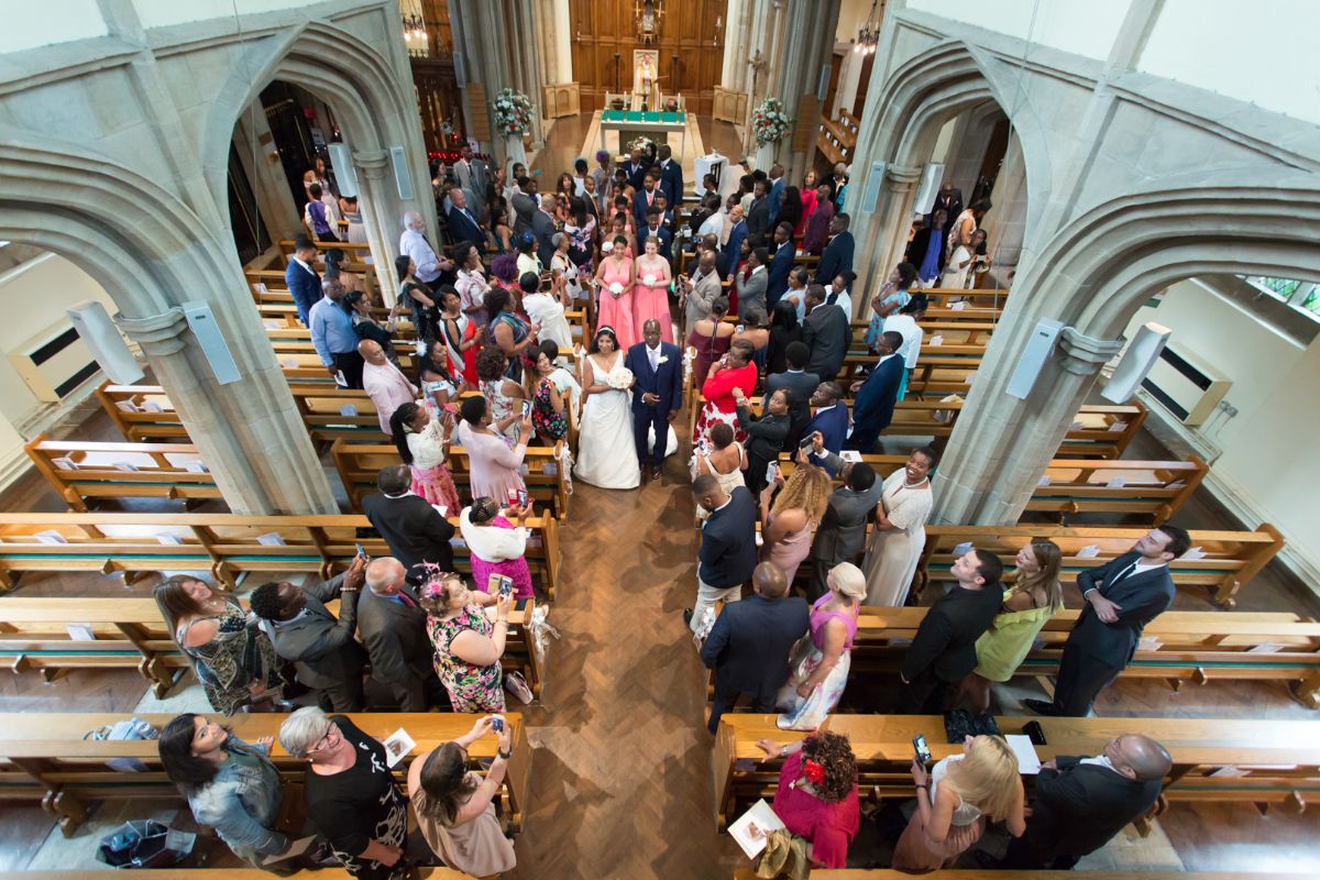 The newly weds leaving the church