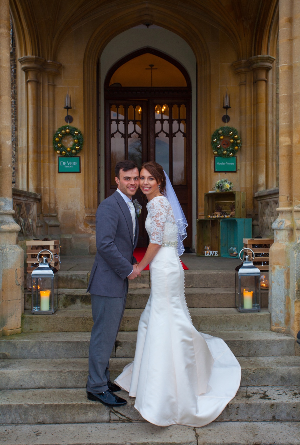 Stephanie and Tom on the steps of Horsley Towers