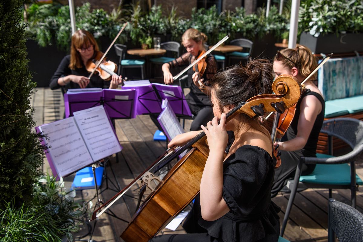 A close up of the string quartet performing during Sam and Samantha's wedding ceremony.