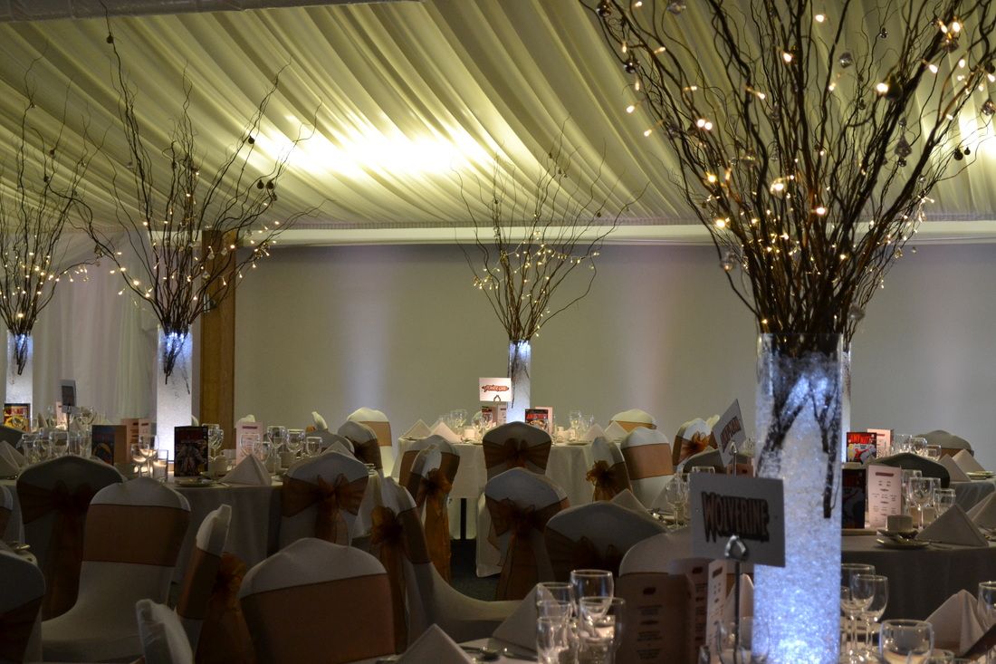 Willow Centrepieces placed on the table ready for the wedding.