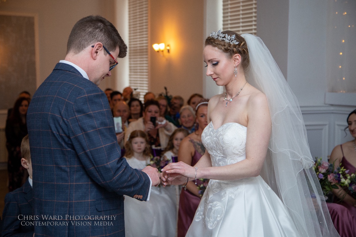 Laura & Dan in the ceremony room tying the knot at Carr Bank Wedding Venue Mansfield Nottinghamshire 