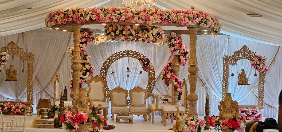 The stunning Mandap for our Hindu clients Wedding day. Set up in The Pavilion, at North Mymms Park.