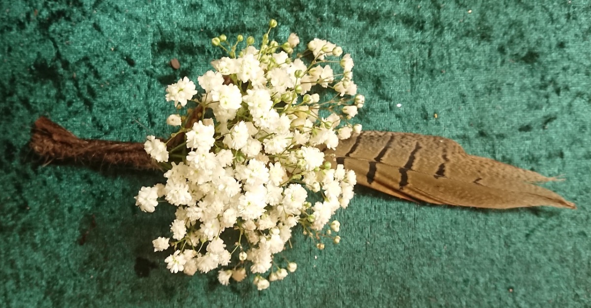 Grooms buttonhole with gyp and a pheasant feather