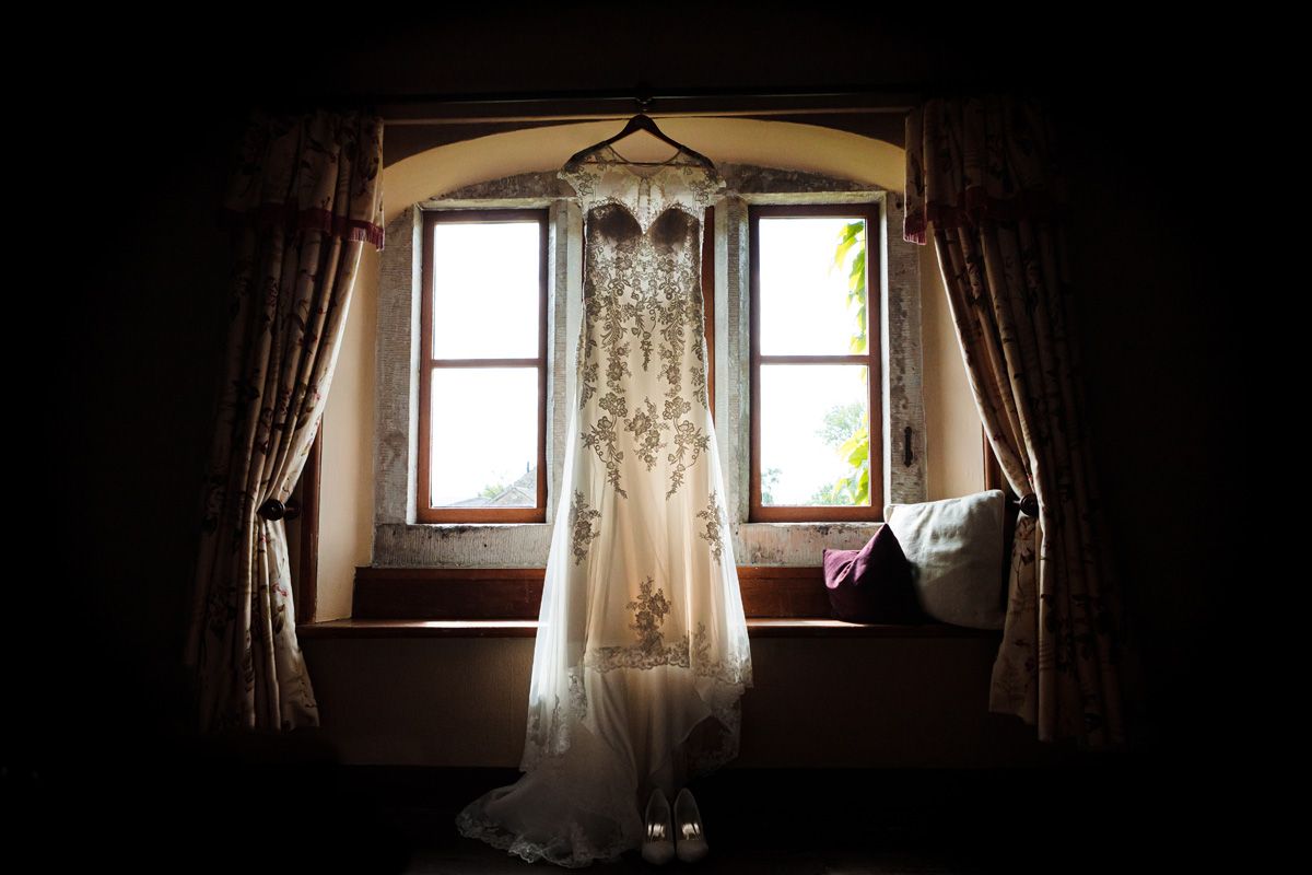 The wedding dress in the window.