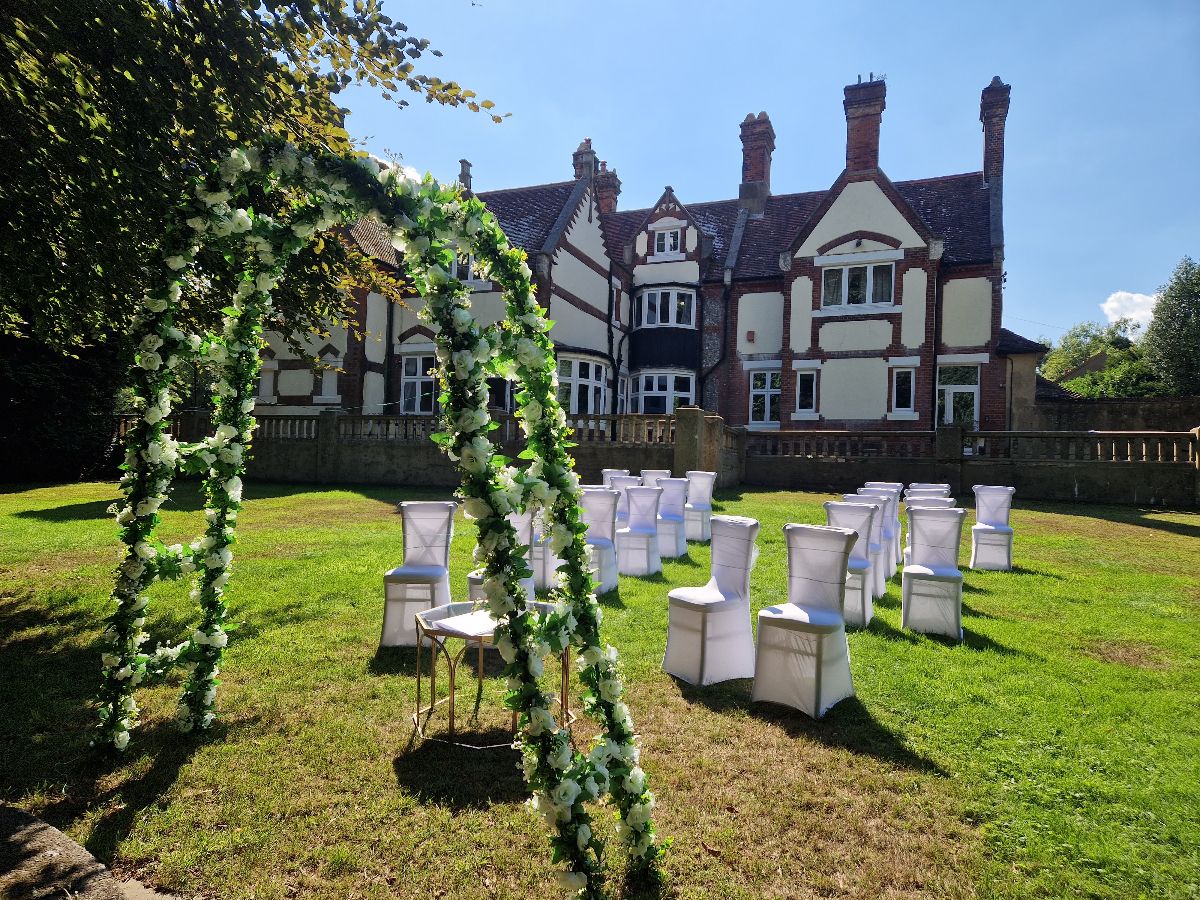 House and wedding set-up from the garden.